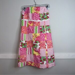 Lilly Pulitzer Pink and Green Patchwork Strapless Dress with Boning